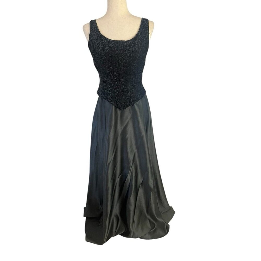Vtg 90s Scott McClintock Maxi Velvet Corset Boned Satin Dress Floral Embossed 8